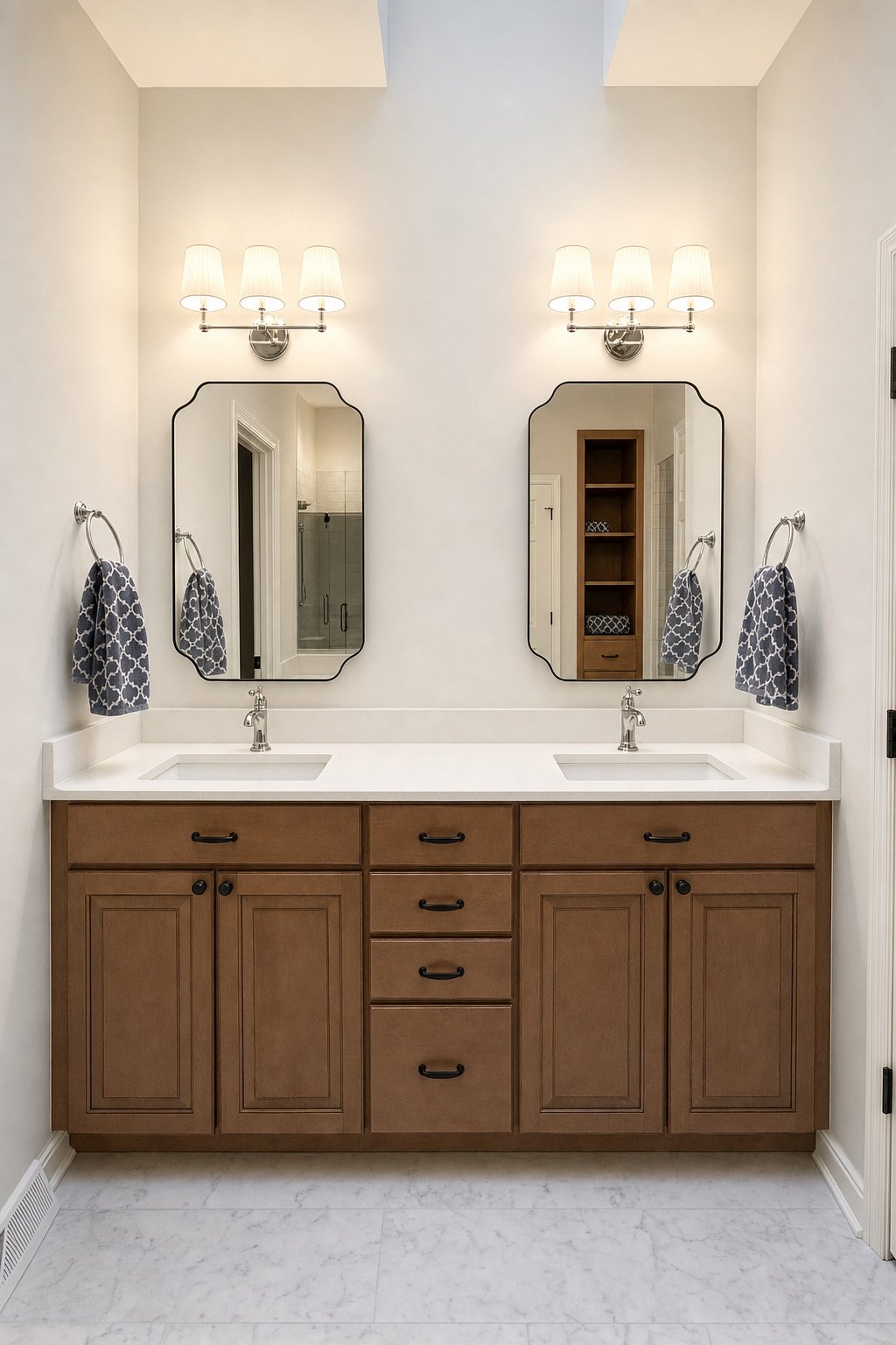 Double vanity with wood cabinets, a white countertop, two shaped mirrors and sconces, by Sidney Design and Build, Winchester, VA