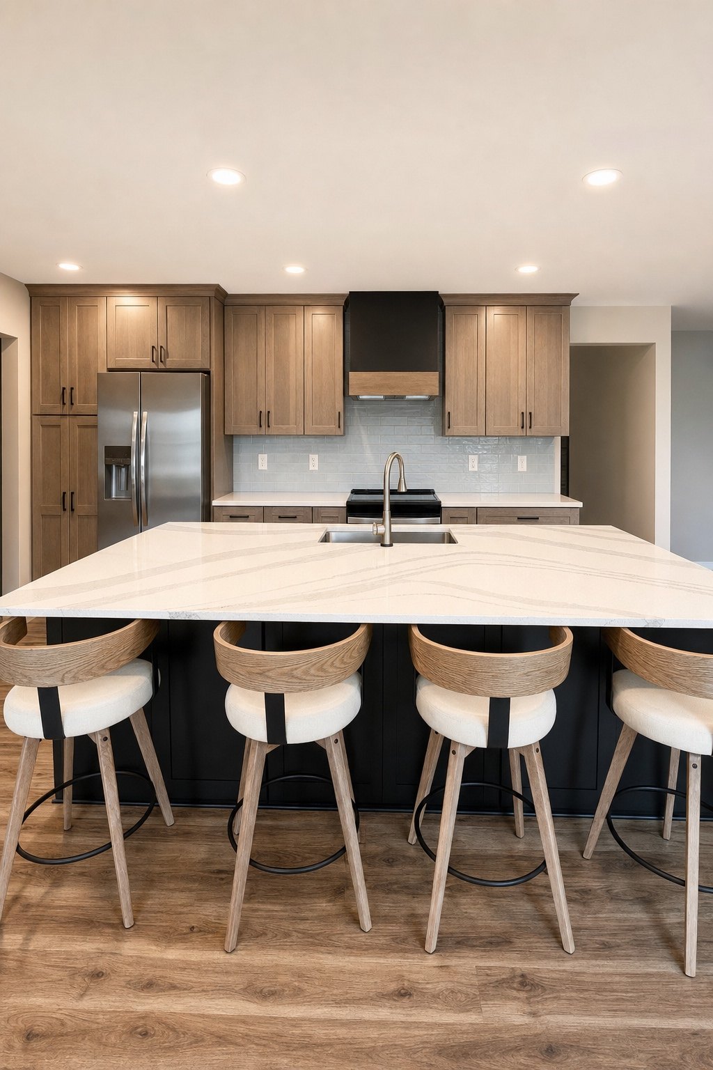 Kitchen remodel with natural wood cabinets, a black island with seating for four and a blue tile backsplash, by Sidney Design and Build, Winchester, VA