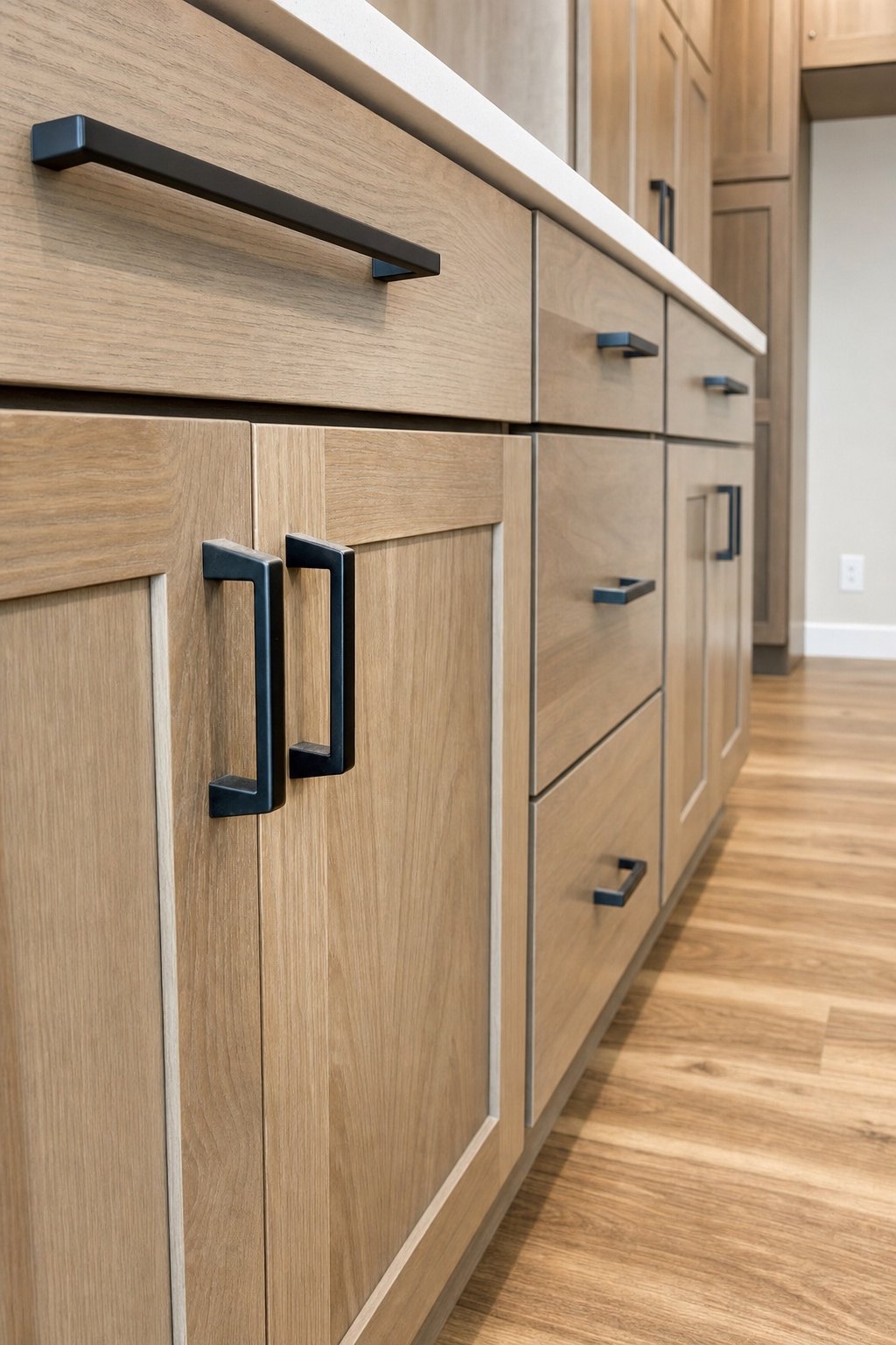 Close up of natural wood shaker cabinets with matte black pulls, by Sidney Design and Build, Winchester, VA