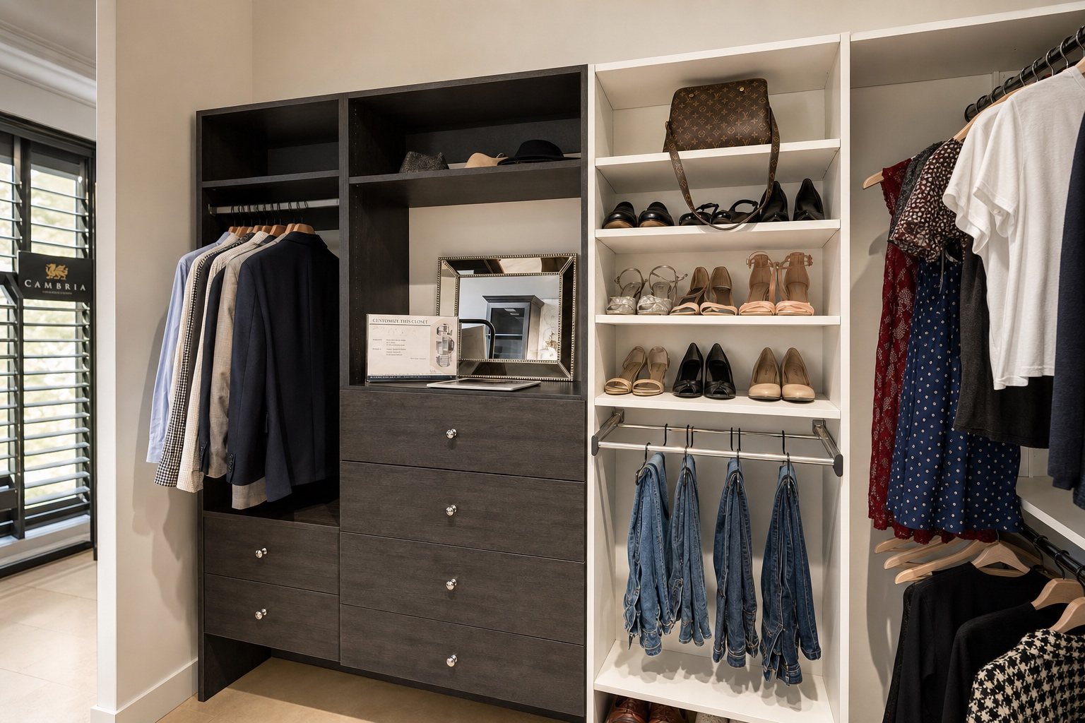 Closet display with open shelving, drawers and hanging rods at Sidney Kitchen and Bath in Winchester, VA