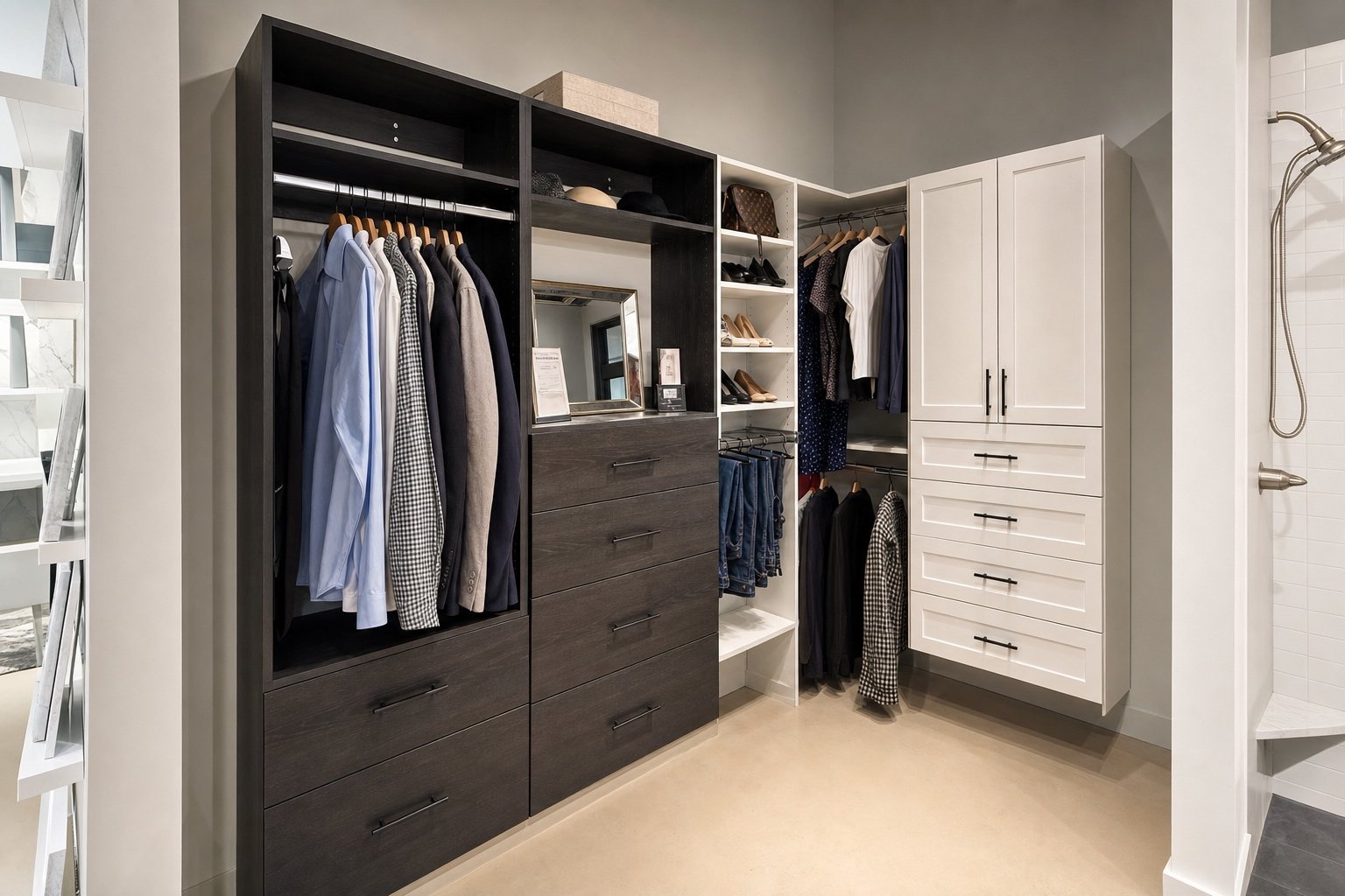 Closet display with dark wood drawers, hanging space and white cabinets at Sidney Kitchen and Bath in Winchester, VA