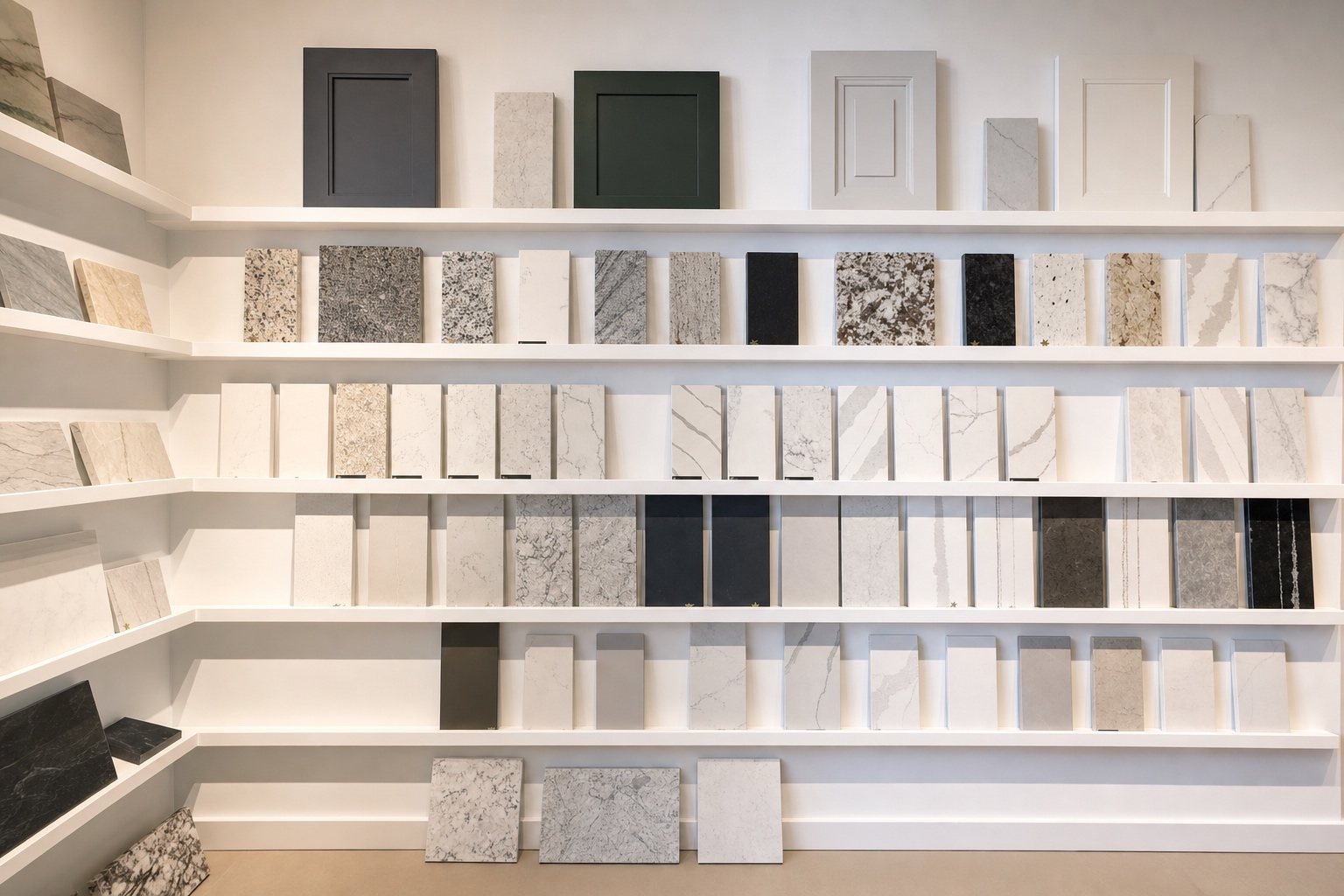 Wall of natural stone and quartz countertop samples at Sidney Kitchen and Bath in Winchester, VA