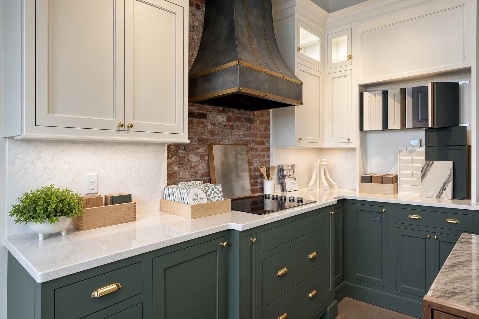 Green cabinets with brass cup pulls and knobs below white uppers at Sidney Kitchen and Bath in Winchester, VA