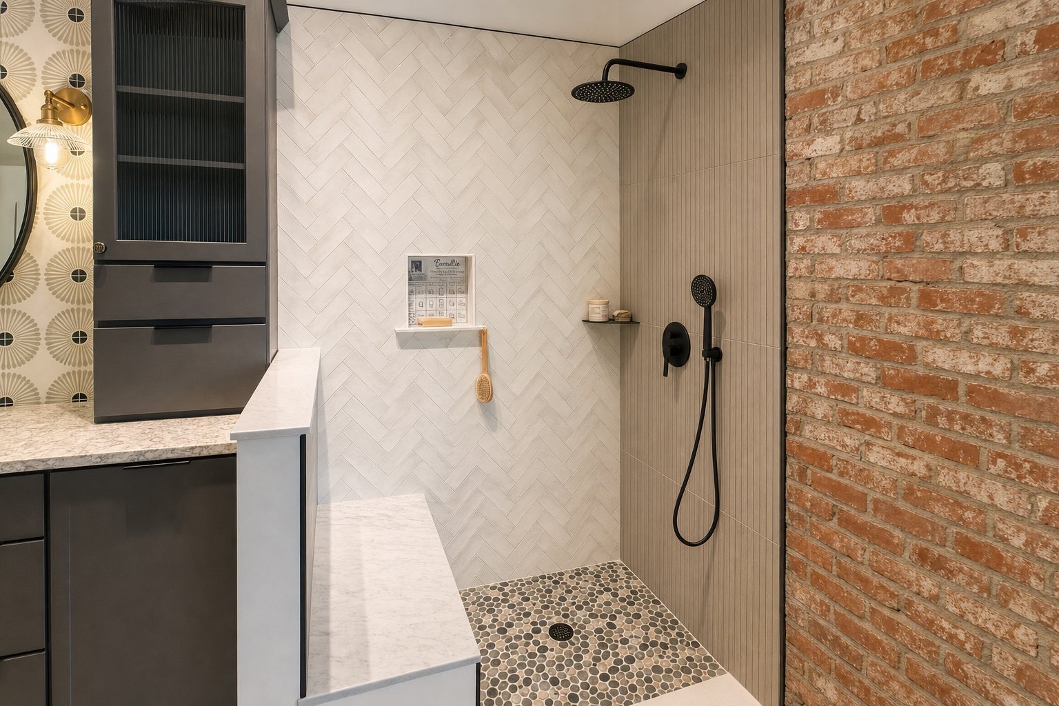 Shower display with white herringbone wall tile, a pebble floor and black fixtures at Sidney Kitchen and Bath in Winchester, VA