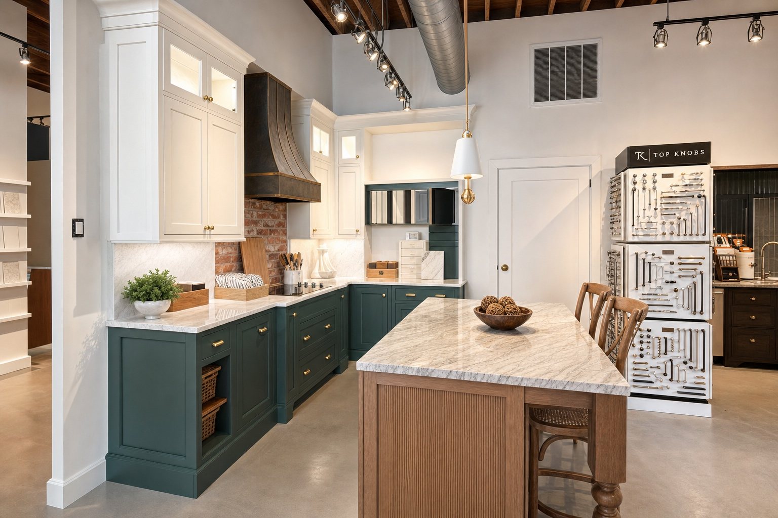 Kitchen display with green and white cabinets beside the cabinet hardware wall at Sidney Kitchen and Bath in Winchester, VA