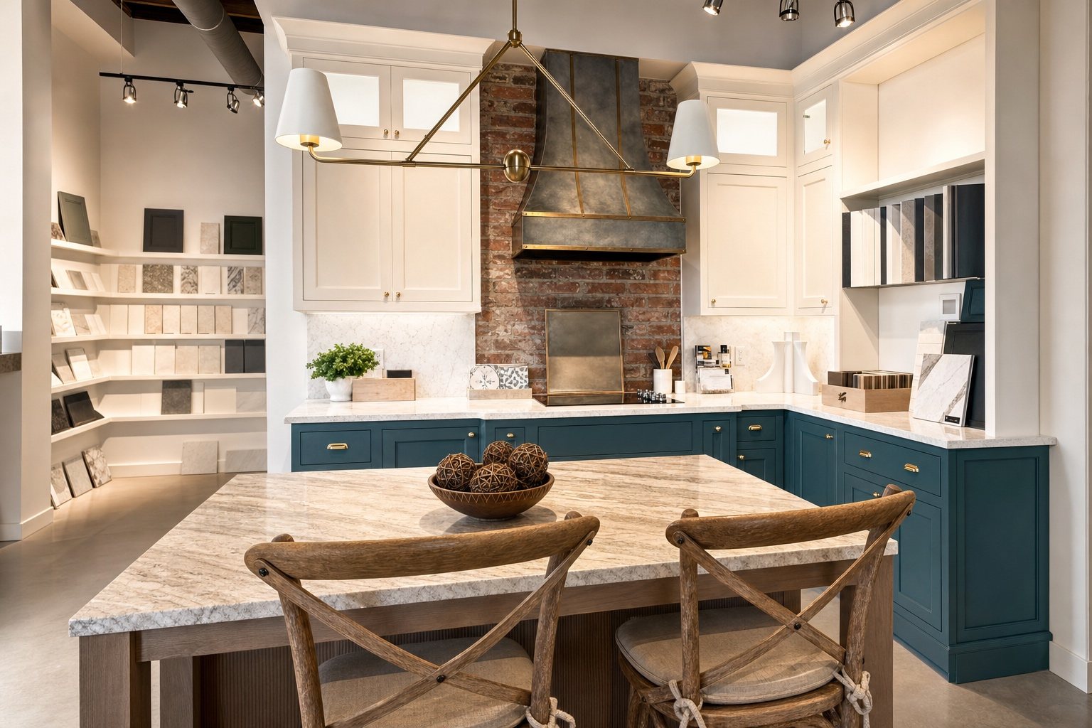 Kitchen display with green cabinets, a metal range hood on brick and a stone island at Sidney Kitchen and Bath in Winchester, VA