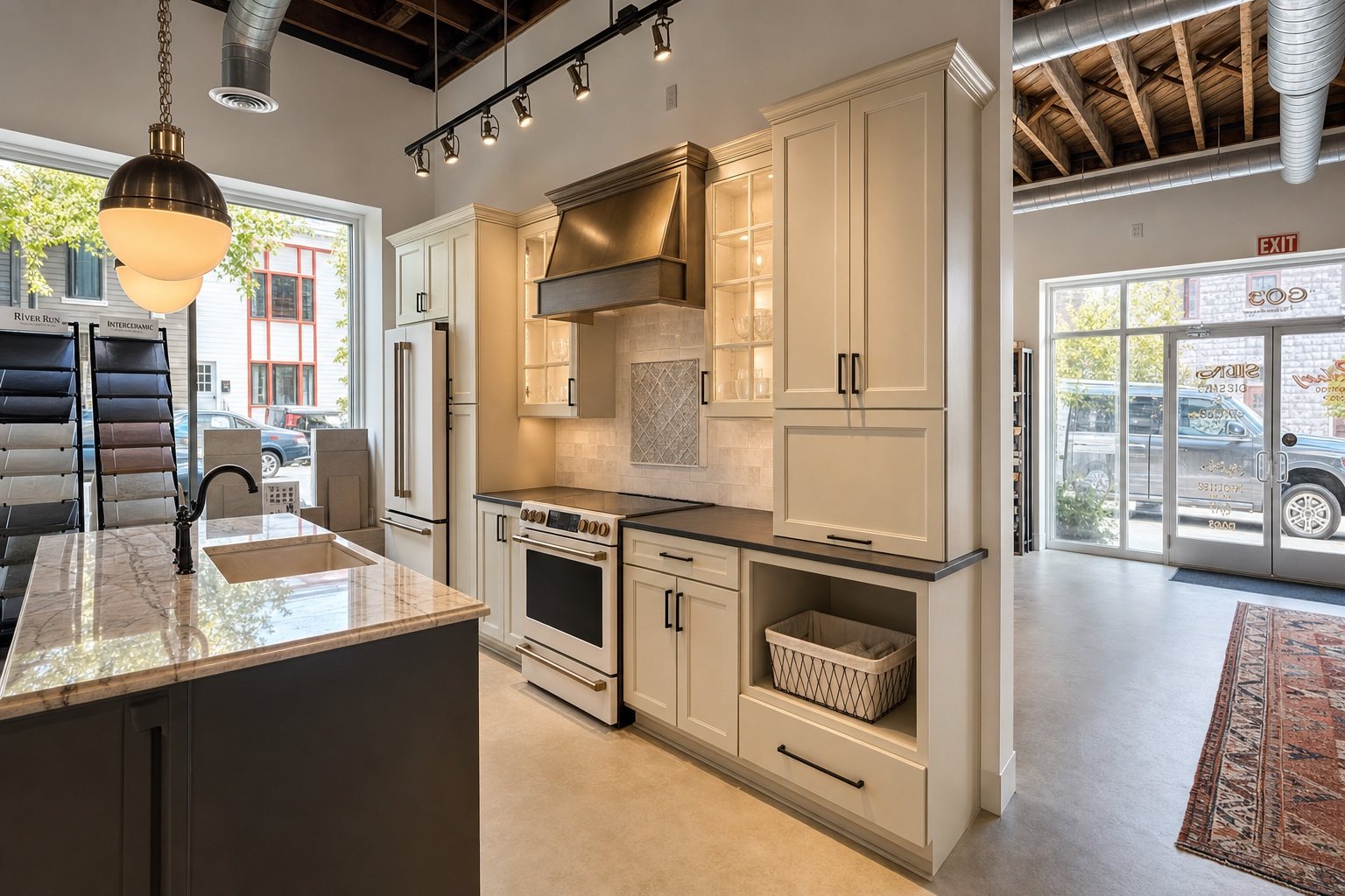 Kitchen display with cream cabinets and an island sink under a globe pendant at Sidney Kitchen and Bath in Winchester, VA