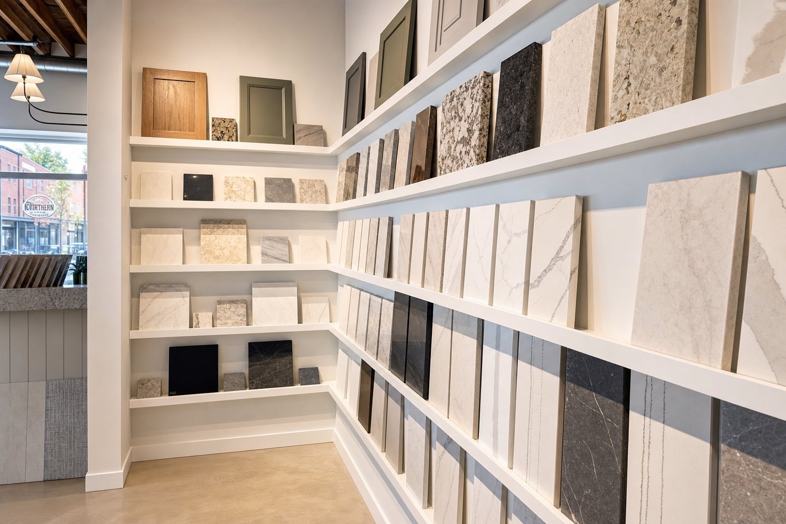 Quartz and natural stone countertop samples on display shelves at Sidney Kitchen and Bath in Winchester, VA