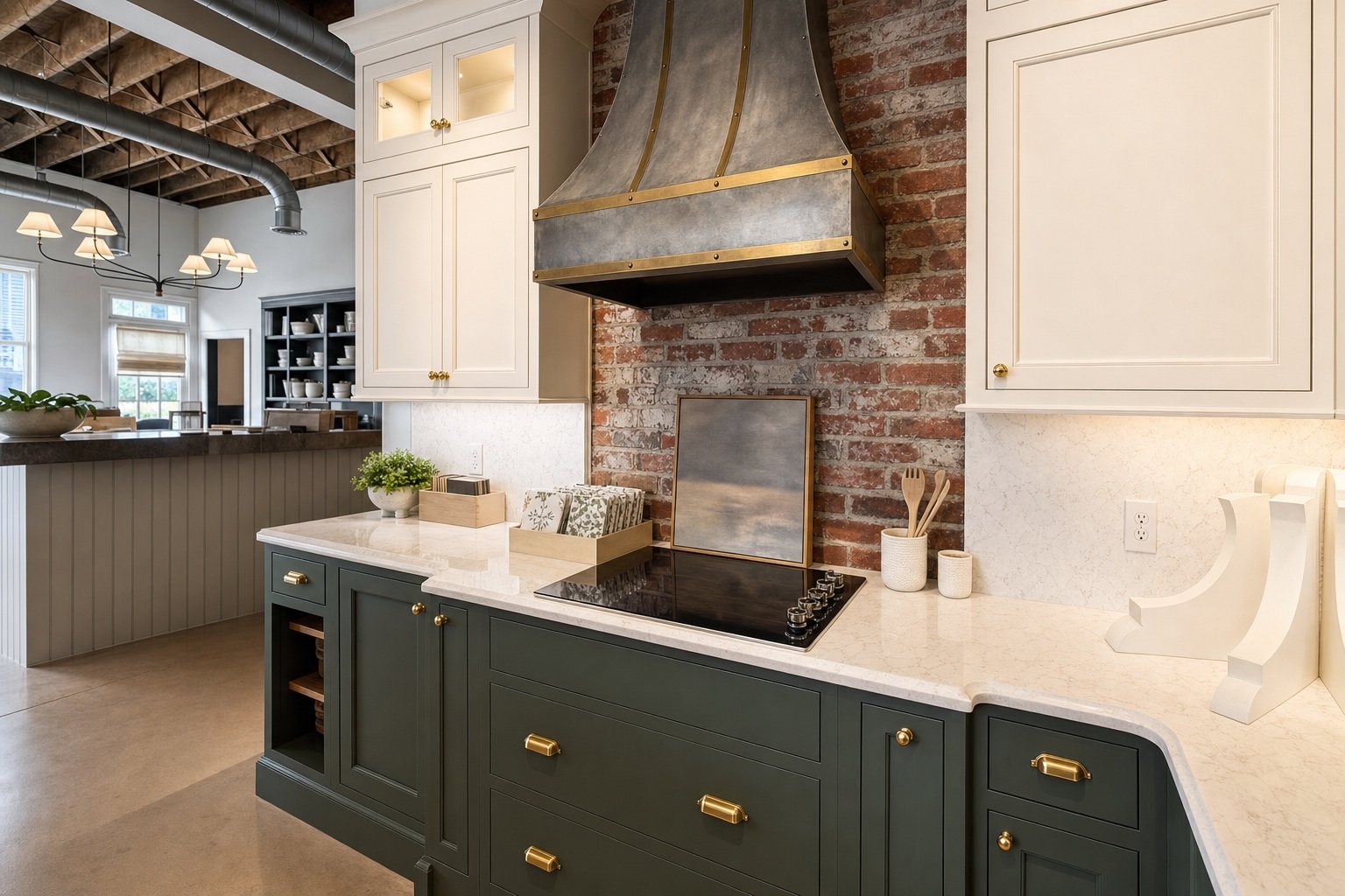 White countertop on green cabinets with brass pulls and knobs at Sidney Kitchen and Bath in Winchester, VA