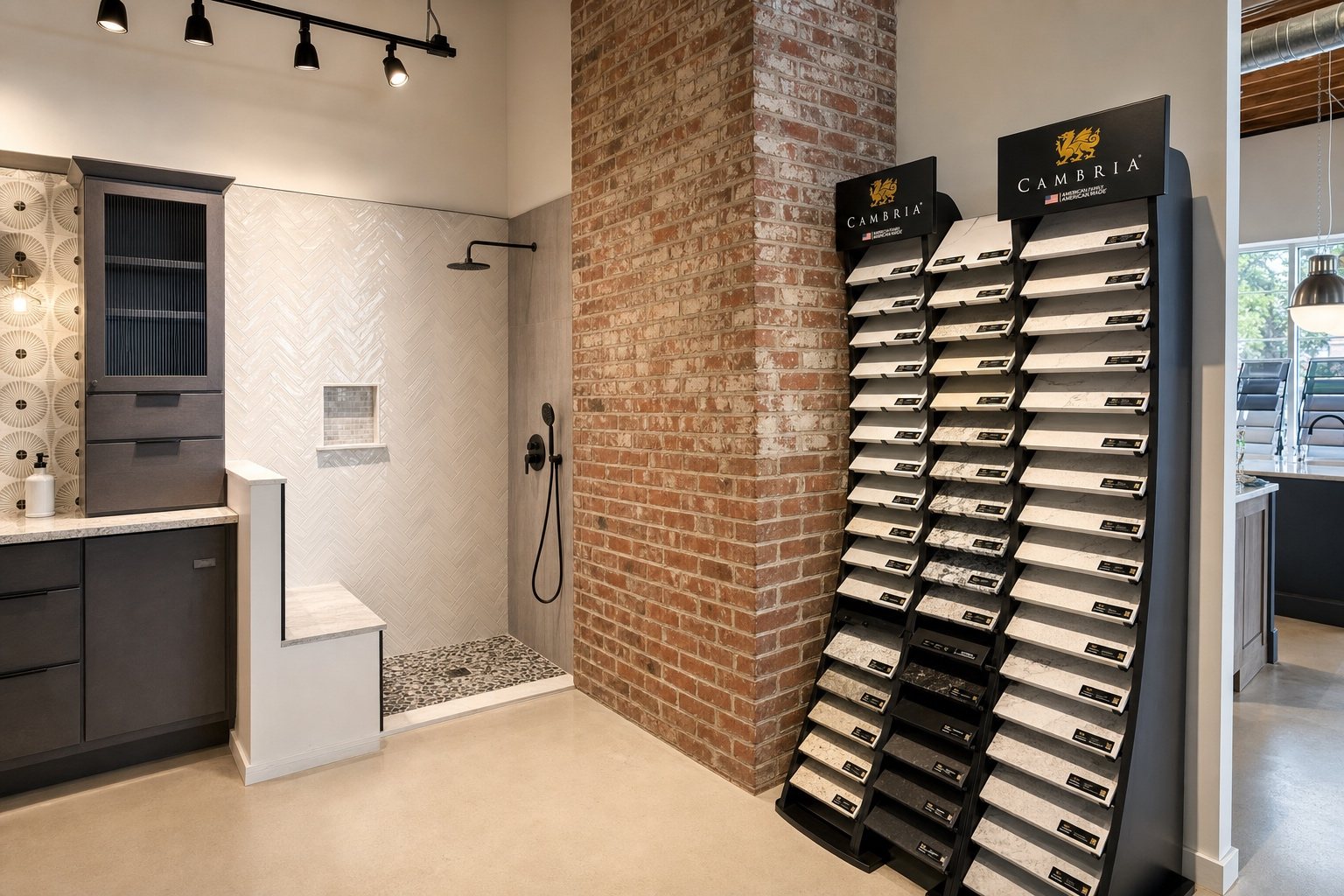 Tiled shower display beside a rack of quartz countertop samples at Sidney Kitchen and Bath in Winchester, VA
