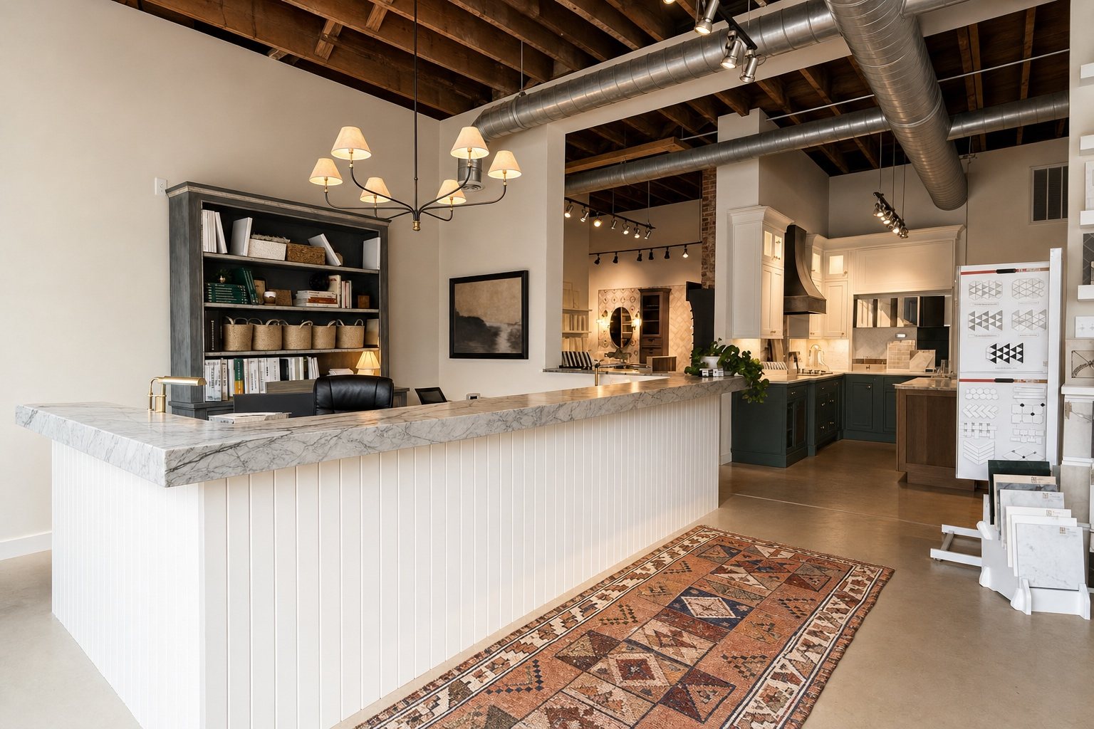 Front counter with a stone top and the kitchen displays behind it at Sidney Kitchen and Bath in Winchester, VA