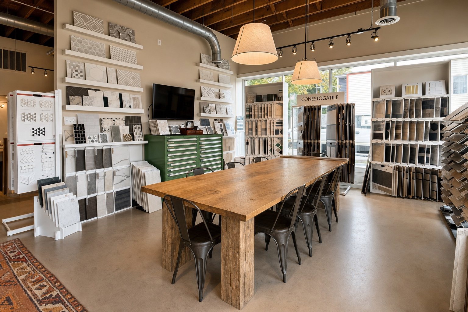 Tile displays around the wood design table at Sidney Kitchen and Bath tile showroom in Winchester, VA