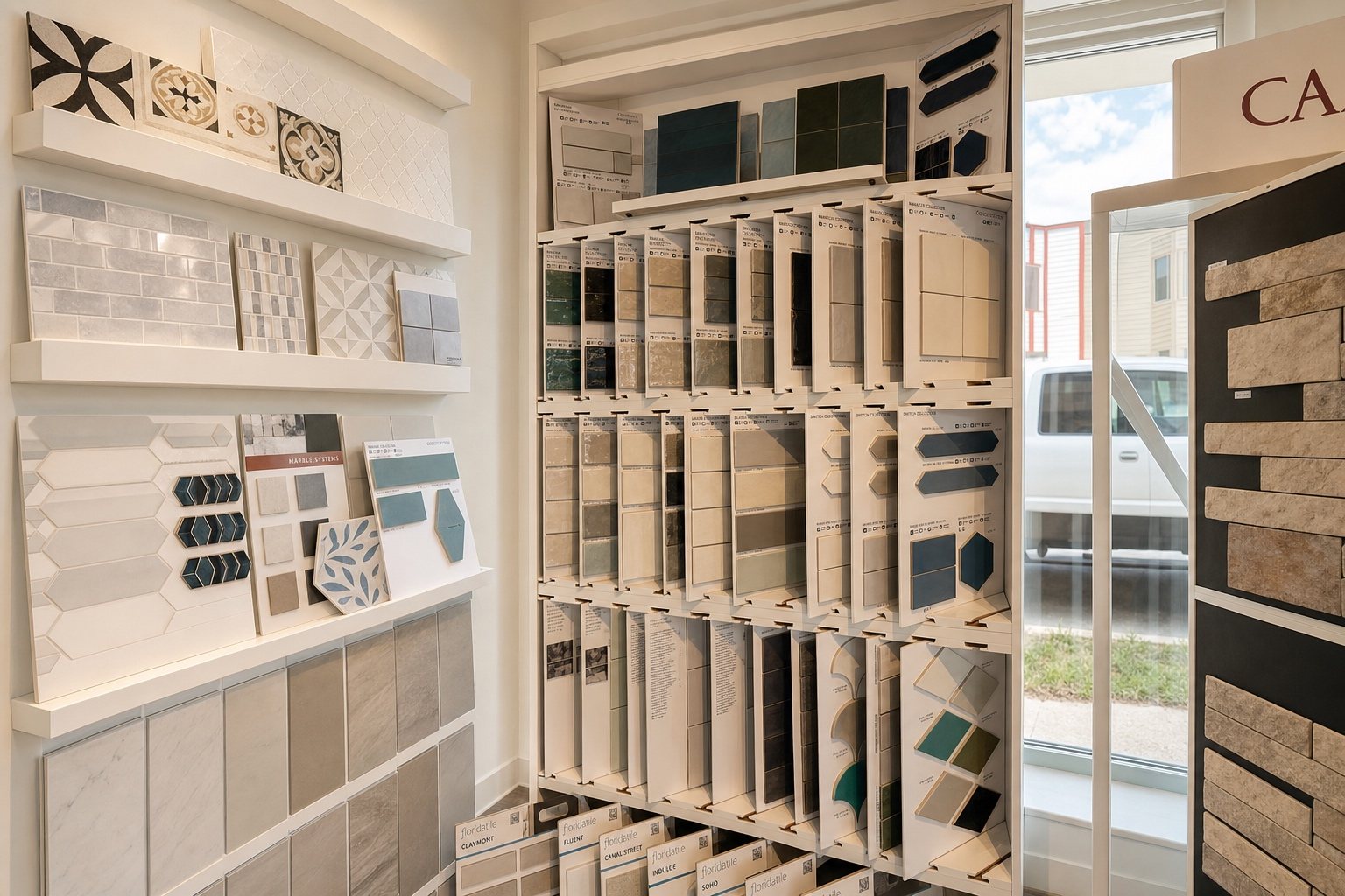 Wall of tile samples in white, grey, blue and patterned finishes at Sidney Kitchen and Bath in Winchester, VA